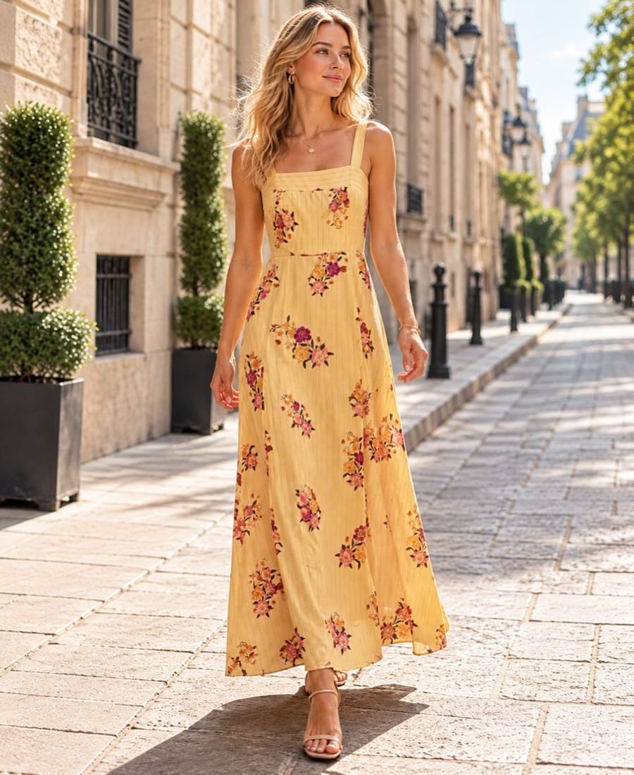 Modelo com vestido longo floral amarelo